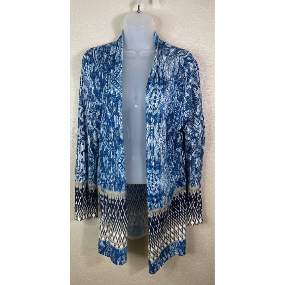 Chicos 2 US Large Cardigan Blue Ikat Print Open Front Knit Long Sleeve Sweater